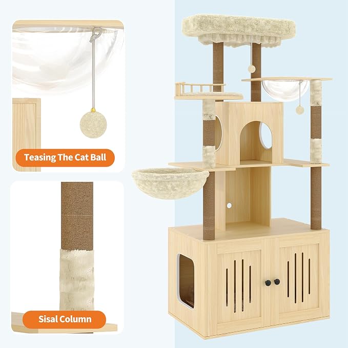 Cat Tree with Litter Box Enclosure, Multi-Level Cat Tower with Hidden Litter Box Furniture, Large Plush Top Perch, Sisal Scratching Posts, Cat Condo & Hammock for Indoor Cats, Living Room,Natural Wood