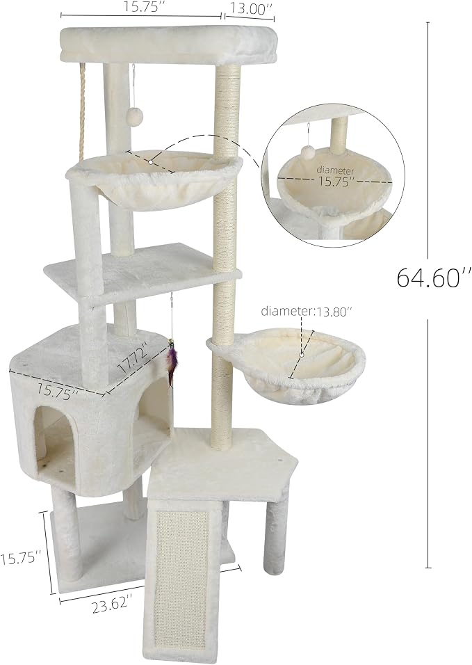 Wang Xin Four Layer Big Cat Tree with Huge Cat Condo and Two Hammocks Scratch Pad,Beige