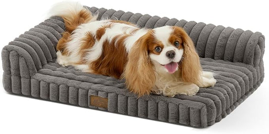 COZY KISS Faux Rabbit Fur Small Dog Bed – 30"x20" Orthopedic Foam Couch with Sides, Removable Washable Cover & Waterproof Lining, Grey