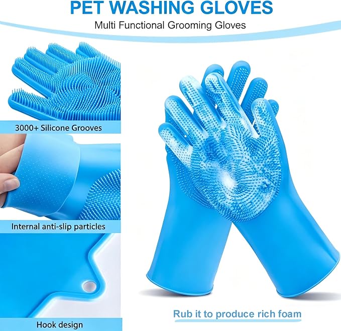 6PCS Blue Dog Washing Kit with Dog Brush, Shampoo Brush, Bath Scrubber,Washing Gloves, 39.7" × 20.5" Towel and Big Toiletries Bag.