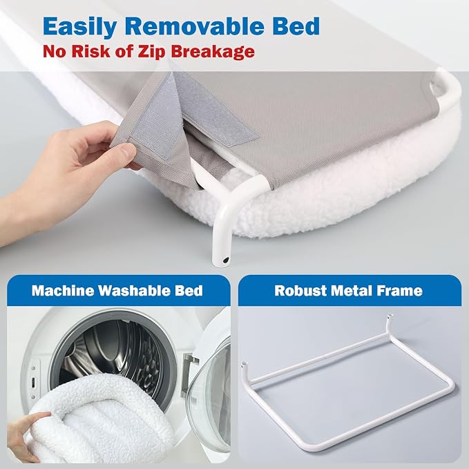 Zakkart Foldable Cat Hammock for Window - Cordless, Embeded Machine Washable Bed, Robust Metal Frame - Cat Window Perch for Large Cats and Kittens (White Bolster Bed, Large)
