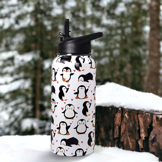 32oz Penguin Stainless Insulated Aater Water Bottle with Straw,Penguin Gym Hiking Sports Coffee Mug Cup Water Bottles,Penguin Gifts for Women,Penguin Decor Stuff Accessories