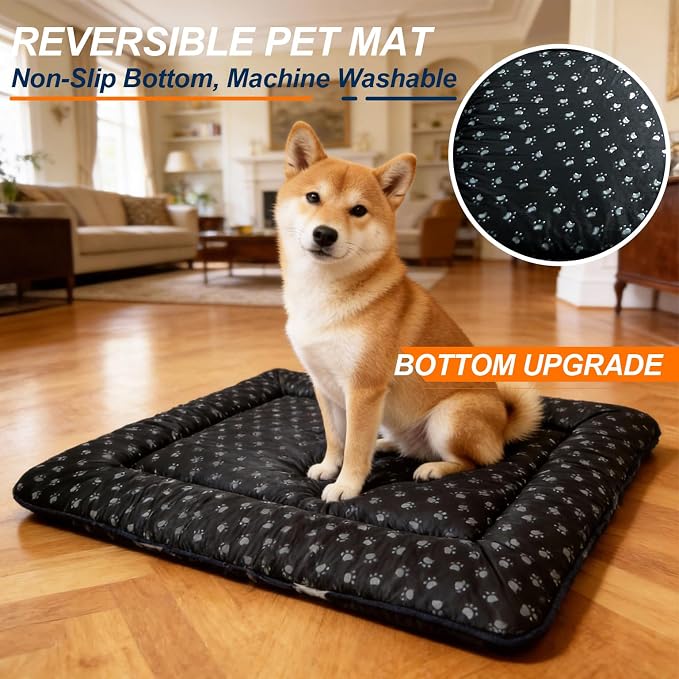 Washable Dog Bed Mat With Anti-Slip Bottom, Deluxe Plush Memory Foam Crate Pad & Waterproof Outdoor Kennel Mat For Dogs & Cats-Durable Crates Beds, Large Medium Small Puppy Size 24" x 18",Blue