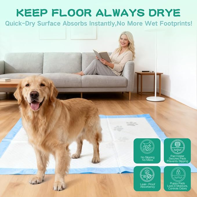 23inx35in Diaper Pee Pads for Dogs, Extra Large Disposable Training Pads 40 pc Plus 100pcs Gloves,Quick-Odor Control Training Pee Pads with 6-Layer Super Absorbency Leak-Proof Design