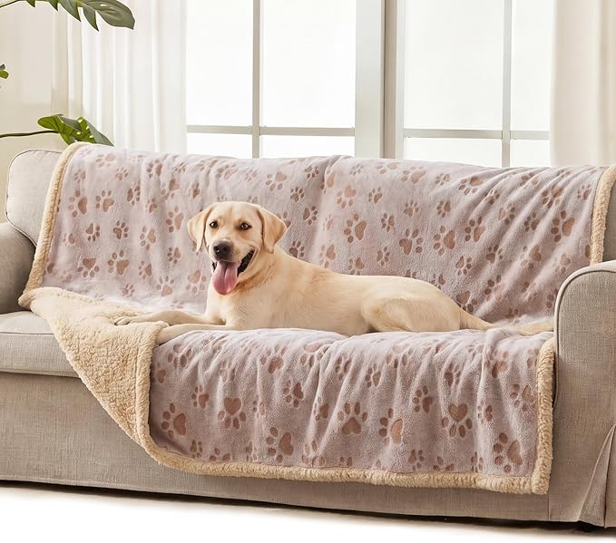 Luciphia Waterproof Pet Blankets Whith Paw Print for Couch Sofa Bed Cover, Liquid Pee Proof Soft Fluffy Dog Blanket Washable, Reversible Furniture Protection Puppy Cat, Khaki, Large（65" x 57"）