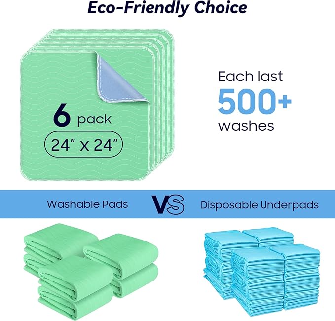 6 Pack 24” x 24” Extra Heavy Absorbency Washable Underpads Bed Pads | WaterProof Nursing Pads Incontinence, Reusable Washable Pee Pads for Dogs, Diaper Changing & Adults, Washable Puppy Pads