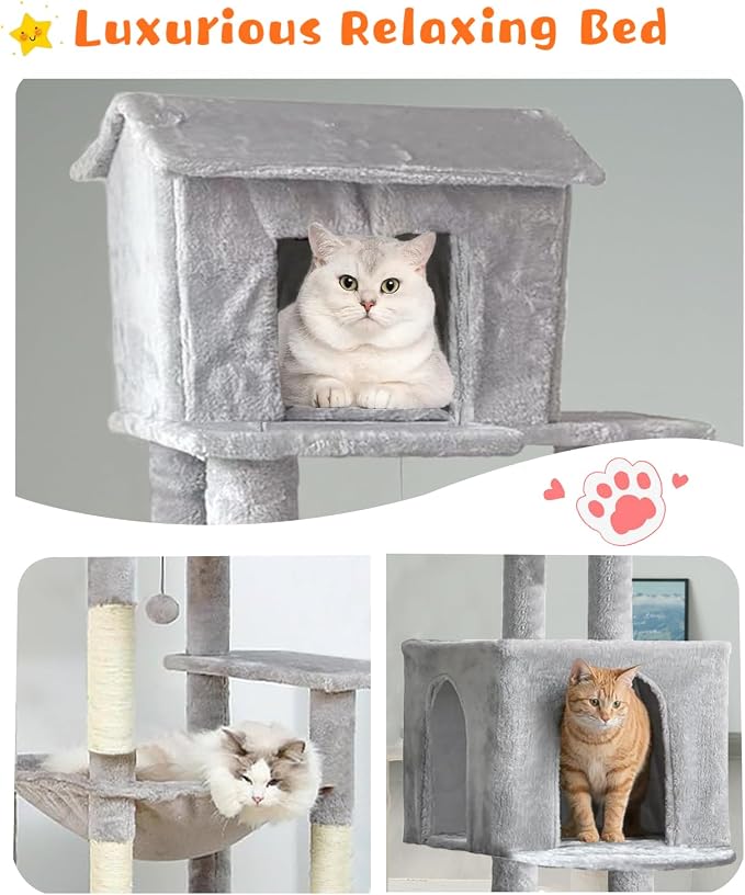 Tall Cat Tree 64 in, Multilevel Cat Tower for Adult Cats, Climbing Tree House and Towers with Condo Hammock Scratching Post Wide Base (Light Gray, 64 in)
