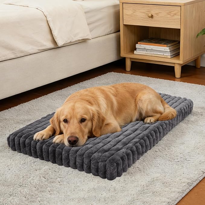 Dog Crate Bed Warm Grey 34.6"x22.8" for Medium Small Dogs | Flat Dog Crate Bed Waterproof for Large Meduim Dogs Pet Beds with Plush Removable Washable Cover Anti Slip Bottom for Indoor
