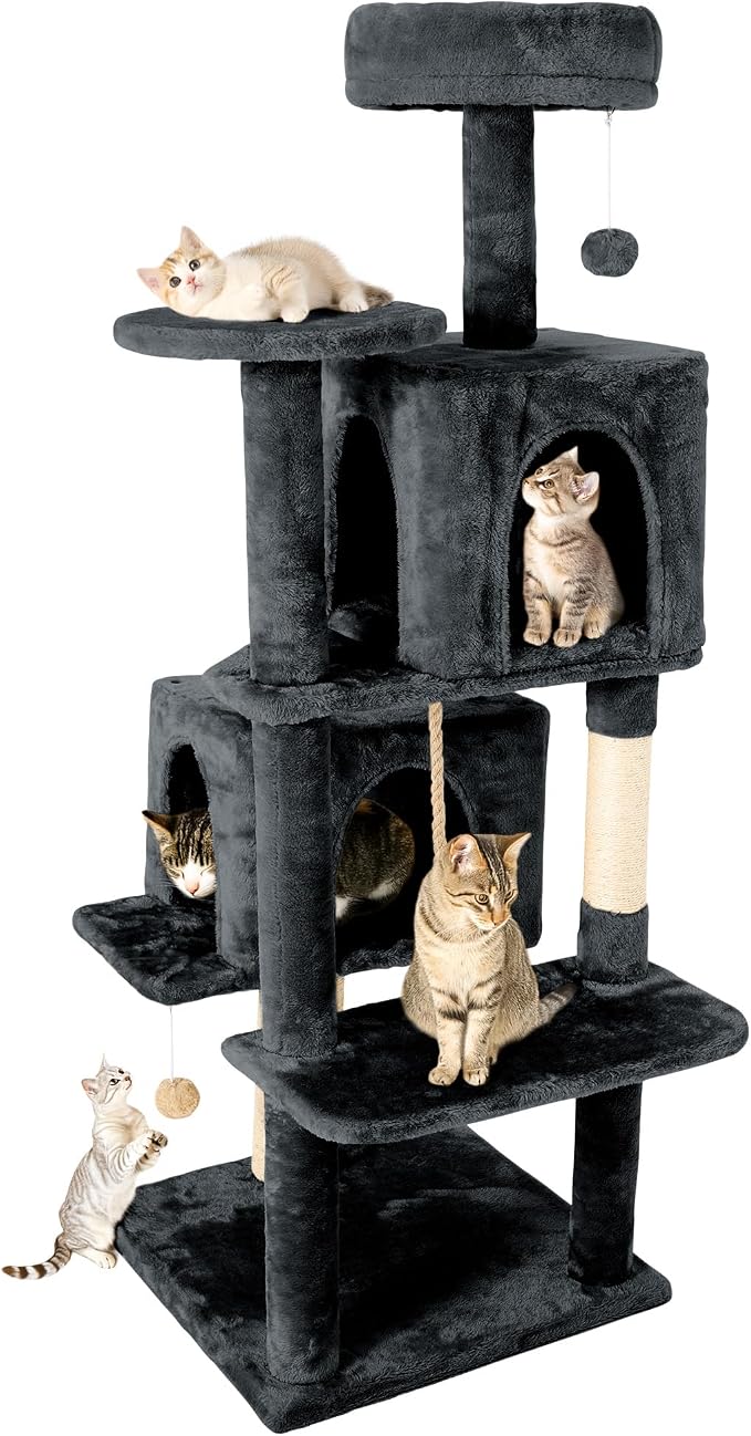 59in Large Cat Tree Tower for Indoor Cats with Soft Plush Hang Ball, Two Condos, Sisal Scratch Posts & Rope Play for Kittens/Adult Cats, Dark Grey