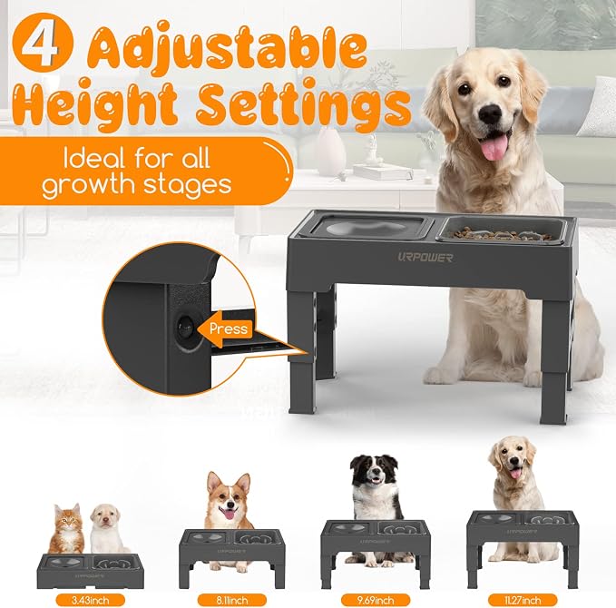 URPOWER 2-in-1 Elevated Slow Feeder Dog Bowls with No-Spill Water Bowl | 4 Height-Adjustable Raised Dog Bowls, Non-Slip Food and Water Bowls with Stand for Small, Medium, Large Dogs, Cats and Pets