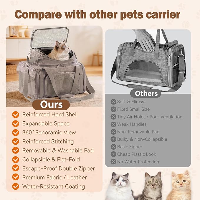 Cat Carrier Soft Sided, Expandable Pet Carrier for Medium Small Pets, Collapsible Travel Carrier with Hard Shell, 360° Panoramic Mesh, Washable Waterproof Pad | – 17.3×13.8×9.4 (Pink)