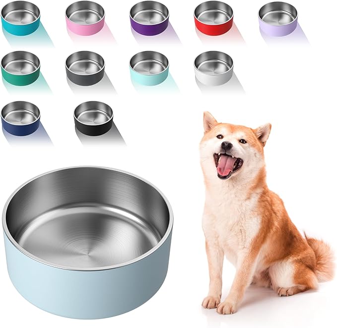 WENBOKMIN Dog Bowl, Stainless Steel Dog Food and Water Bowl with Non Slip Quiet Bottom, Easy to Clean, Dishwasher Safe, 64oz, Light Grey