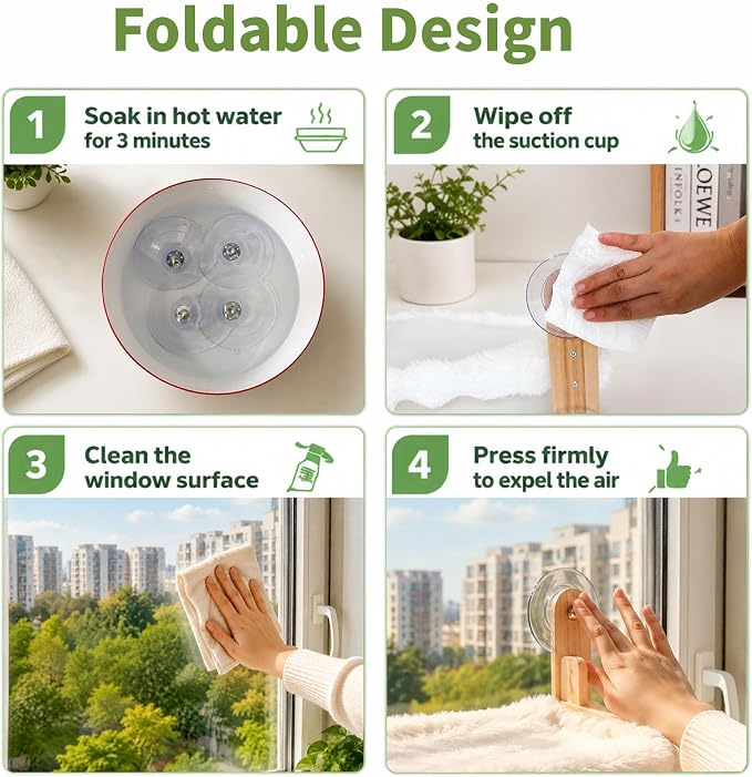 Foldable Cat Window Perch,Cat Hammock Bed with Wood Frame,Washable Soft Rabbit Fur Cover,Strong Suction Cup,Window Seat for Kitten, Indoor Cats, Birds Watching