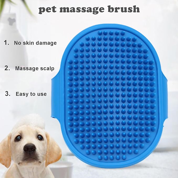 4Pcs Dog Shower Grooming Kit,Soft Silicone Pet Shampoo Massage Dispenser Grooming Shower Brush,Adjustable Soothing Rubber Brush,Self-Cleaning Slicker Comb,Gentle Deshedding Brush Glove for Cats & Dogs