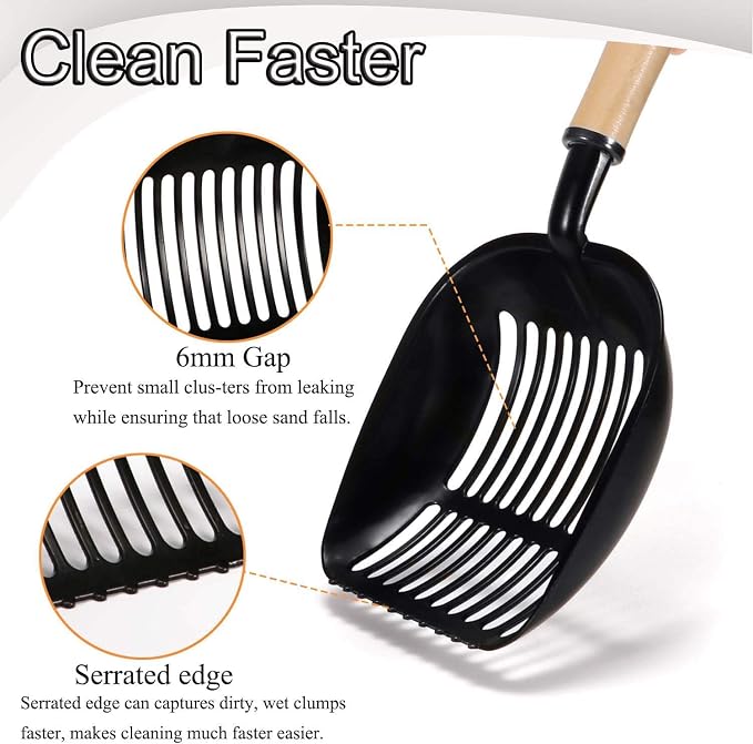 FANGSUN Metal Cat Litter Scoop Wood Handle with Deep Shovel Non Stick Plates, Kitty Cats Litter, Free Storage Holder