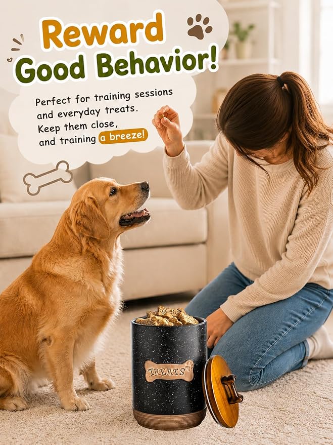 Miamolo Dog Treat Container Airtight Ceramic Dog Treat Jar with Wooden Lid, 8 Cups Dog Food Storage Container for Countertop, Decorative Dog Cookie Jar Canister with Handle - Bone Dotted Black