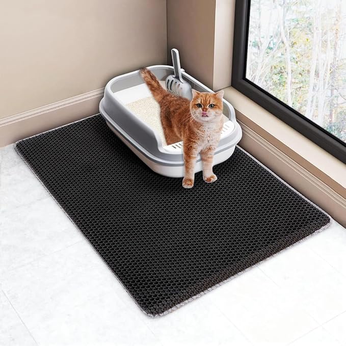Cat Litter Mat Large, 35x25in Kitty Litter Box Mat Larger for Scatter-Free | 2-Layer Honeycomb Effective Litter Trapping Mat, Oversized Large Waterproof Urine-Resistant Cat Mat, Easy Lift & Pour, Gray