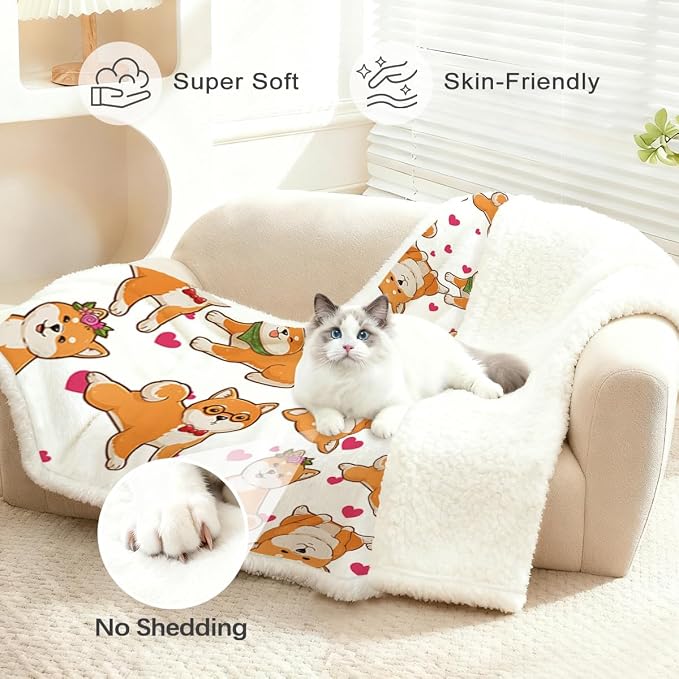 BlessLiving Cute Watercolor Dogs Pattern Fleece Blanket Shiba Inu Puppy Sherpa Reversible Throw Animal Print Plush Blanket (Twin, 60 x 80 Inches)