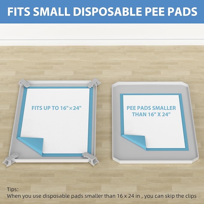 IMMCUTE Pee Pad Holder, Soft Silicone Puppy Pad Holder Fits Up to 16" x 24" Pee Pads, Non-Slip High Edge Potty Pad Holder, Dog Mat for Food and Water for Easy Cleaning with 8 Holder Clamps
