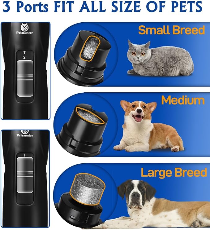 Petsaunter Dog Nail Grinder, 2-Speed and LED Light, Touch-Switch, TypeC, Quiet and Low-Vibration Dog Nail Trimmers, and 3 Ports for Large Dogs, Medium, Small Dogs Cats Pets with Hard or Thick Nail