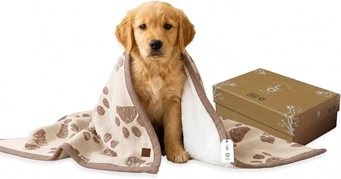100% Organic Cotton Pet Blanket 30 x 38 in – Plush Double Layer Sherpa, Cozy Throw for Small Dogs, Cats & Baby – Earth Ivory/Mocha Meringue