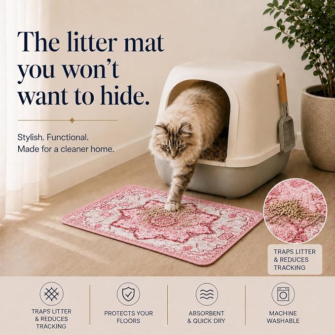 PUPIBOO Cat Litter Mat, Litter Trapping Mat, and Washable Cat Pee Pad | Cat litter box mat and cat food mat, 15x24in, 4-layer, OekoTex-, non-slip, washes up to 500 times