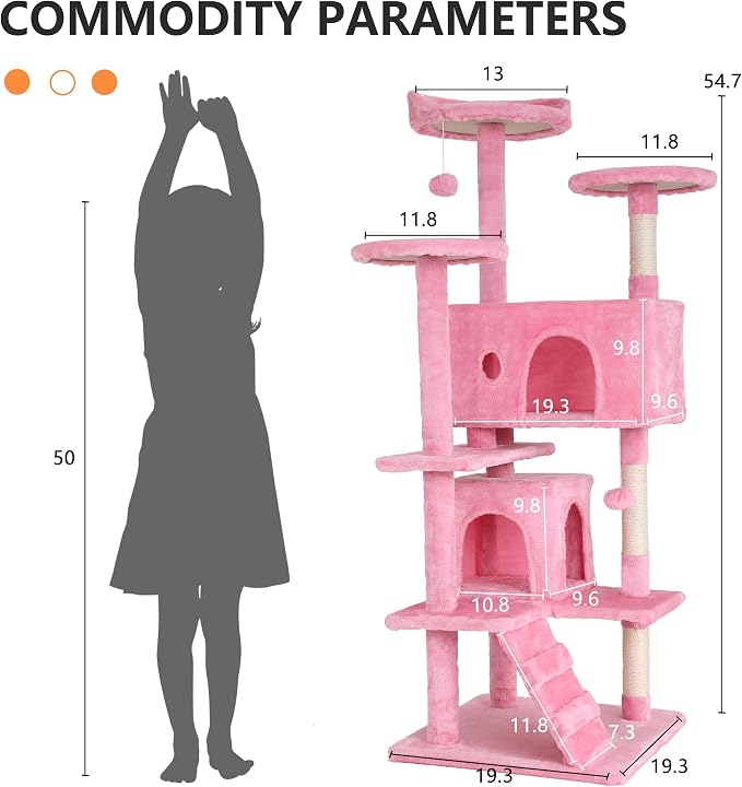 BestPet | 54" Cat Tree Tower | Pink | Sturdy Multi-Level Cat Tree | with Plush Condo, Cozy Perch, Sisal Scratching Posts, Hanging Toy and Hammock | Easy Assembly | for Kittens & Adult Cats