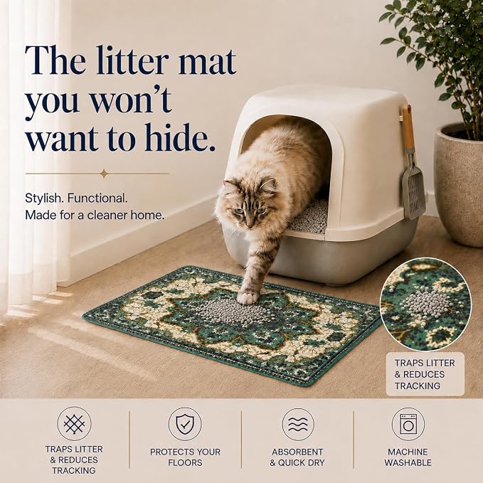 PUPIBOO Cat Litter Mat, Litter Trapping Mat, and Washable Cat Pee Pad | Cat litter box mat and cat food mat, 15x24in, 4-layer, OekoTex-, non-slip, washes up to 500 times