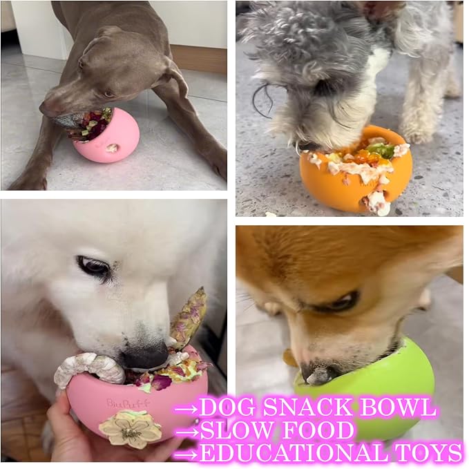 Treat Dispensing Dog Toy & Slow Feeder Bowl, Interactive Puzzle and Mental Toy for Anxiety Relief,Chase Play, and Use as Freezable Lick Bowl (Peach Pink, Small 357g)