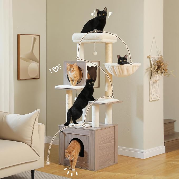 PEQULTI 57.5" Cat Tree with Litter Box Enclosure Large, Wood Cat Tower for Indoor Cats with Storage Cabinet and Cozy Cat Condo, Sisal Covered Scratching Post and Replaceable Dangling Balls, Grey