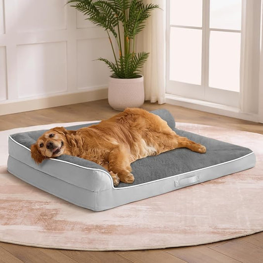 Dog Bed Large Sized Dogs, Orthopedic Dog Bed for Large Dogs, Waterproof Pet Bed with Washable Removable Cover, L-Shaped Pet Couch with Portable Handle 36"x27"x6.5", Grey Flannel