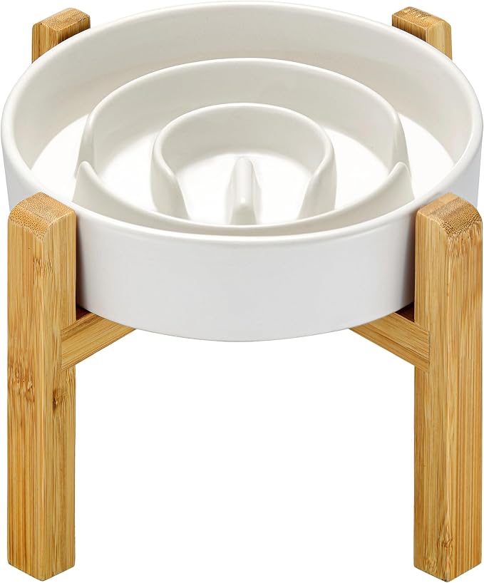 Ceramic Slow Feeder Dog Bowls Elevated, 2.0 Cups Slow Feeder for Medium Dogs, Puzzle Maze Bowl to Slow Down Eating, 30oz, 8in, White