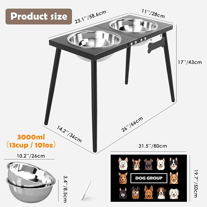 ADENGL Metal Elevated Dog Bowls, 17in Tall Raised Dog Bowl Stand, Dogs Raised Stand with 3000ml Stainless Steel Bowls and Sprill Proof Mat for Extra Large Breeds