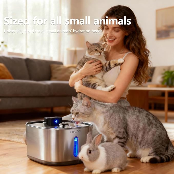 Automatic Cat Water Fountain, Wireless Pet Water Fountain Stainless Steel, Ultra Quiet Pump, Motion Sensor, Easy to Clean, USB Rechargeable, 3.2L/108oz for Multiple Cats & Small Dogs