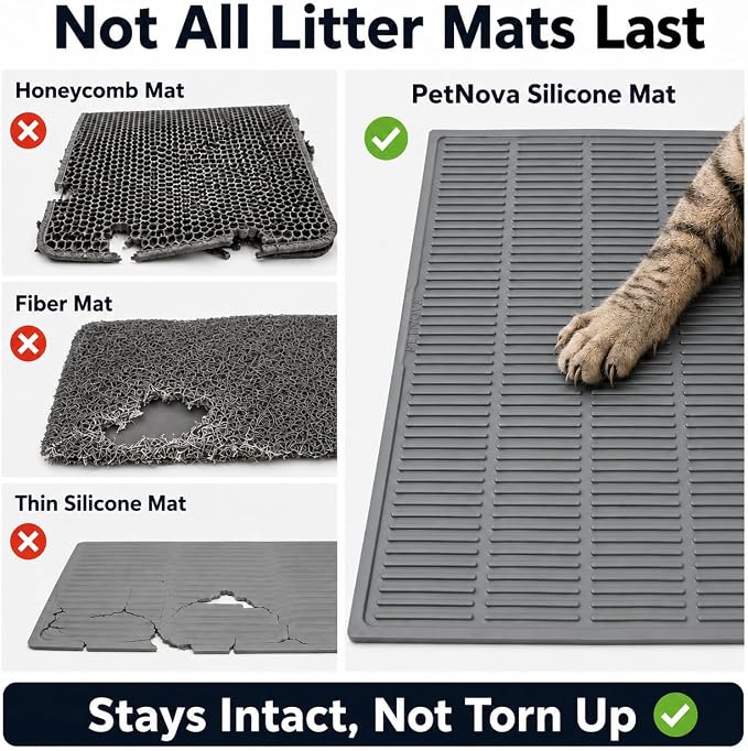 Heavy-Duty Cat Litter Mat: 10,000 Scratch Motions Tested | Large Extra-Thick Silicone Mat - No Holes for 3 Years