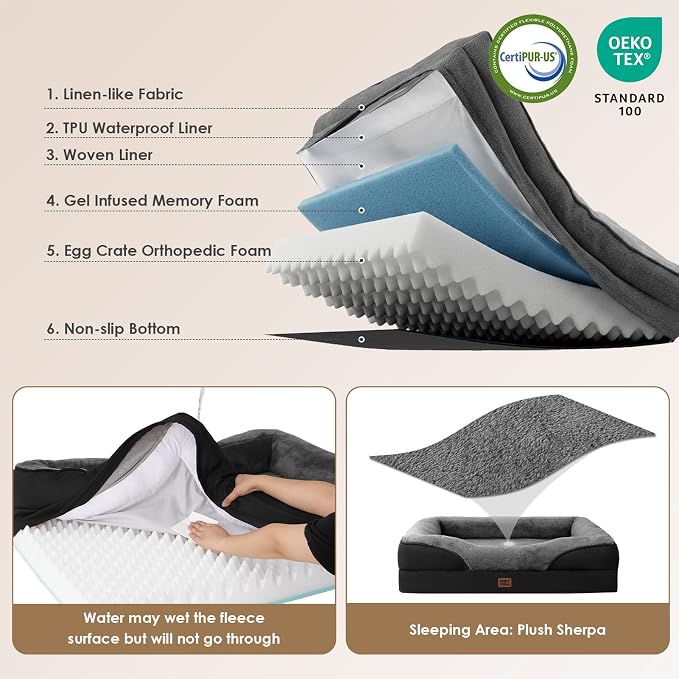 EHEYCIGA Orthopedic Dog Bed for Medium Dog, 35x22 Inch Memory Foam Dog Couch Bed with Sides, Waterproof Liner & Washable Removable Cover, Bolster Pet Sofa, Grey/Black