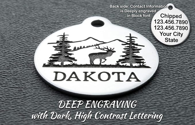 DEEP Custom Stainless Steel Pet ID Tags Front and Back Engraved Dog Tags Personalized for Dogs and Cats (Moose-Round 1-1/4"x1-1/8)
