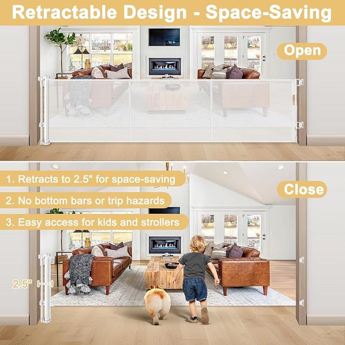 28" Tall Retractable Dog Gate, 80" Wide Reinforced Retractable Baby Gates with Support Rods, Walk Through Baby Gate Easy Step-Over Short Pet Gate Small Dog Gate, Puppy Gates for Doorways/Stairs, White