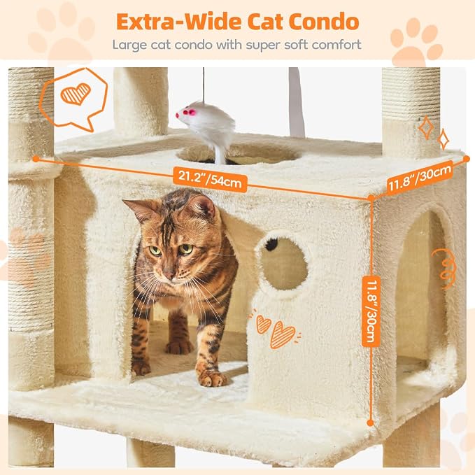 Taoqimiao Large Cat Tree, 73 in Tall Cat Tower with 2 Plush Big Cat Condos | 9 Scratching Posts, 2 Top Perches, Cozy Hammock & Basket, Indoor Cats, 2 Pompoms & Mouse Toy, Beige, MS013XLM