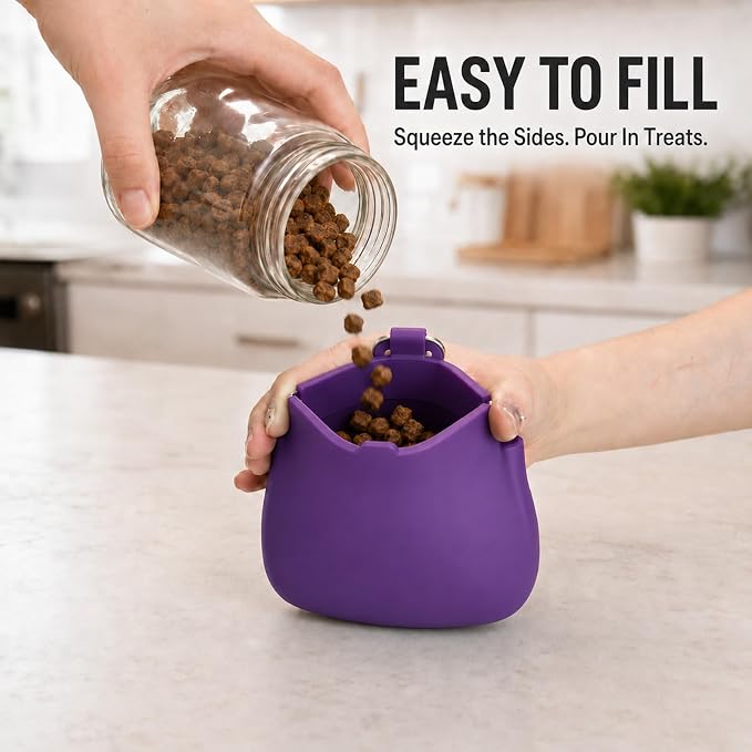 1 Cup Silicone Dog Treat Pouch, Dog Training Treat Bag, Purple | One-Hand Use, Auto-Closes, No Spills When Inverted, Carabiner Keeps Pouch Secure, Easy to Clean, Holds Dry or Wet Dog Food