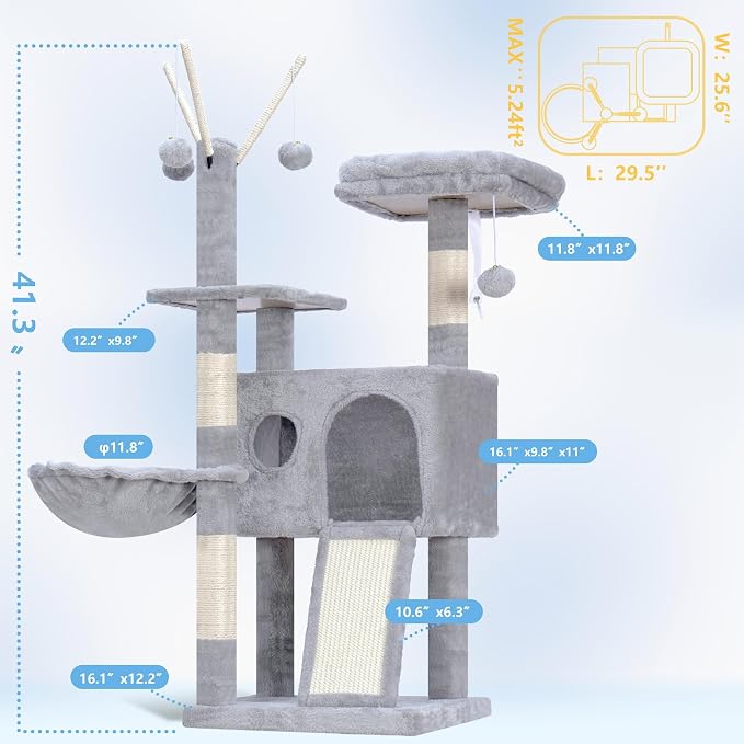 Hey-brother Cat Tree Tower with Removable Toys, Scratching Posts, MPJ008SW | 41.3 Inches Plush Cozy Condo with Platform, Hammock, Sisal Scratch Board and Ball for Indoor Cats, Light Gray