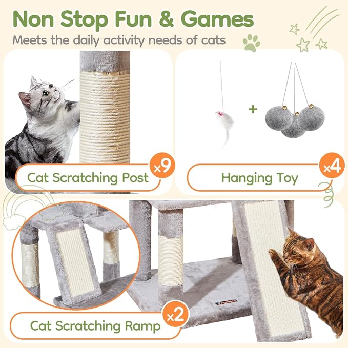 Taoqimiao Cat Tree for Large Cats, 76.8 Inches XL Cat Tower for Indoor Cats | 2 Scratch Boards, 3 Top Perches, 9 Scratching Posts, Multi-Level Cat Tree with 2 Condos, 2 Cozy Basket, Light Gray, T20W