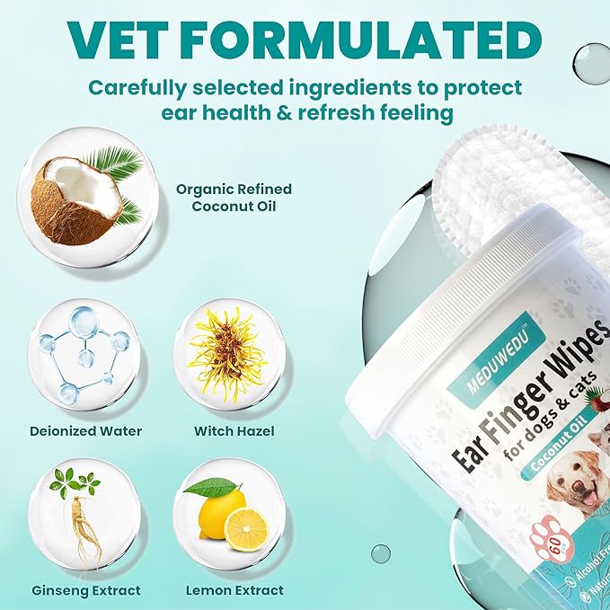 MEDUWEDU Wider Ear Cleaner Finger Wipes 60 Counts, Dog Ear Cleaner, Grooming Kit Care for Dogs and Cats,Otic Cleaning Pads, Remove Wax, Dirt & Stop Smelly, Itchy, Non-Irritating, Coconut Scent