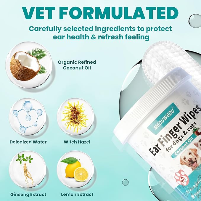 MEDUWEDU Ear Cleaner Finger Wipes 120 Counts, Dog Ear Cleaner, Grooming Kit Care for Dogs and Cats, Soft & Easy Otic Cleaning Pads, Remove Wax, Dirt & Stop Smelly, Itchy, Non-Irritating, Coconut Scent