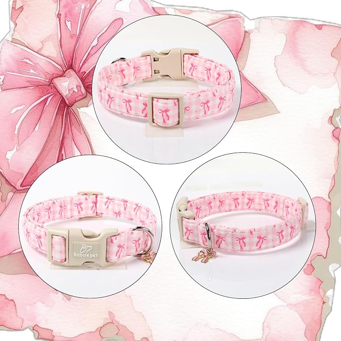 Girl Dog Collar for Large Dogs - Cute Pink Plaid & Bow Print Spring/Summer Puppy Collar, Soft Adjustable Holiday Female Dog Collars with Quick Release Buckle L