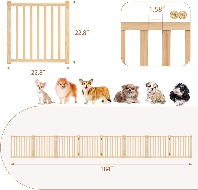 YOCAN Non-Painted Wooden Freestanding Dog Gate, Pet Gate for Indoor Use, Dog Fence for Doorways, Stairs & House, Step-Over Design, Easy to Install-8 Panel 23"