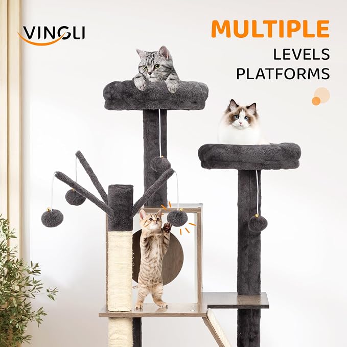 VINGLI Cat Tree Tower with Litter Box, 54" H All-in-1 Wooden Cats Condo, Cat Tower wih Scratching Posts, Houses for Indoor Kittens Hidden Cat Washroom Furniture (Gray & Wood, 54" H)