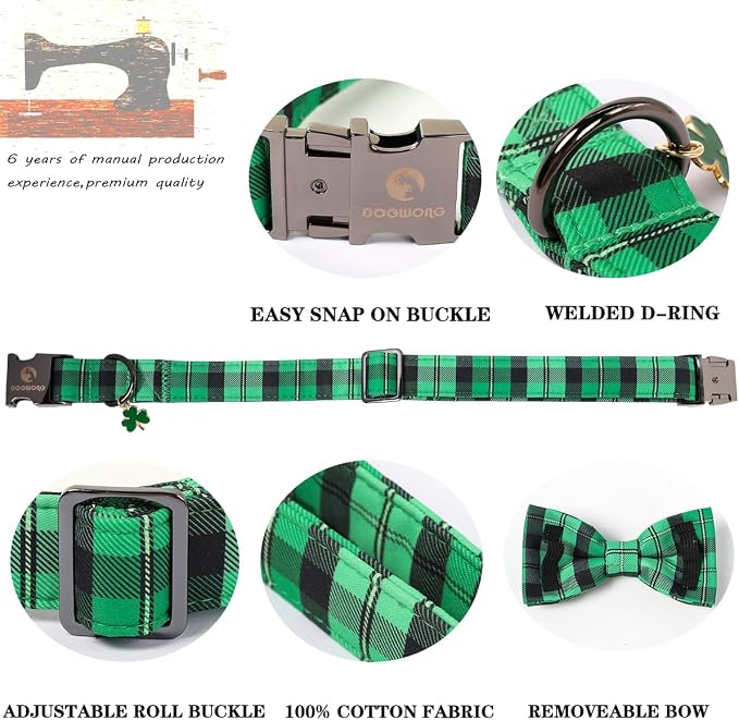 DOGWONG St. Patrick's Day Dog Collar with Bowtie, Green Plaid Bowtie Dog Collar for Small Medium Large Dogs,S