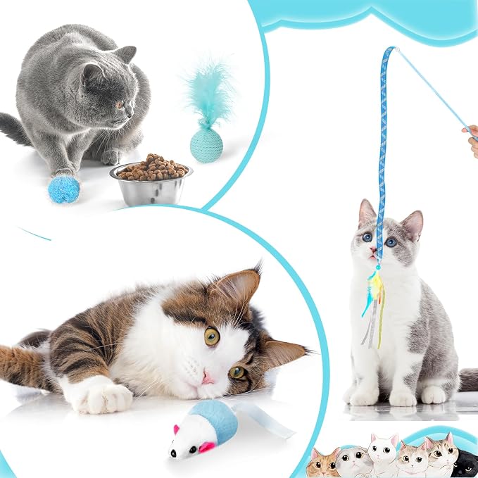 Foilswirl 24 Pcs Cat Toys Set Interactive Kitten Toys Pack Including Collapsible Play Tunnel Feather Teaser Wand Fuzzy Ball Springs Pillow Mouse Bells for Indoor Cats Puppy(Blue,Classic)