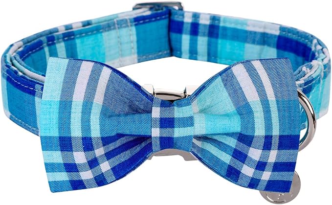 DOGWONG Plaid Dog Collar with Bow tie-Summer Cotton Dog Collar Blue Plaid Pet Collars Comfortable Cute Collars for Small Medium Large Dogs
